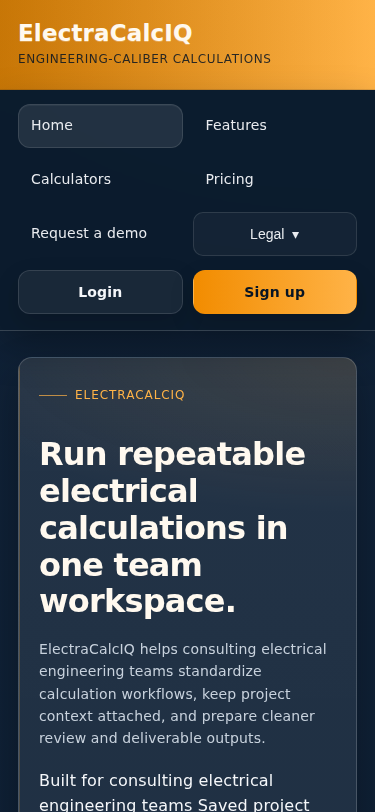 ElectraCalcIQ mobile homepage preview